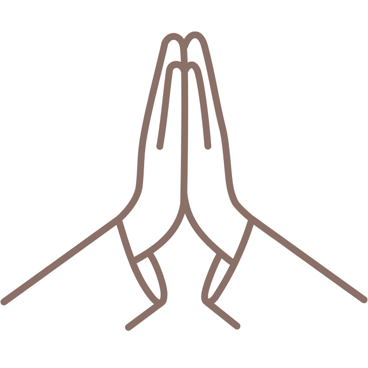 Line drawing of two hands pressed together in a prayer or greeting gesture.