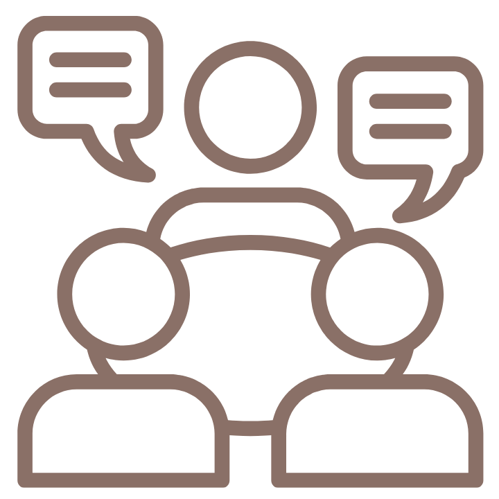 Line drawing of three people engaging in conversation with speech bubbles above two of them.