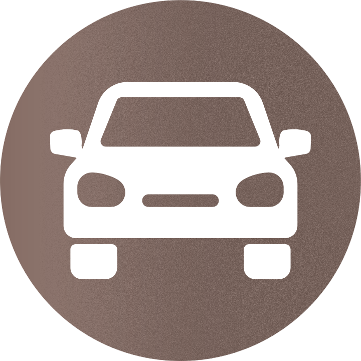 Icon of a car on a round, grey background.