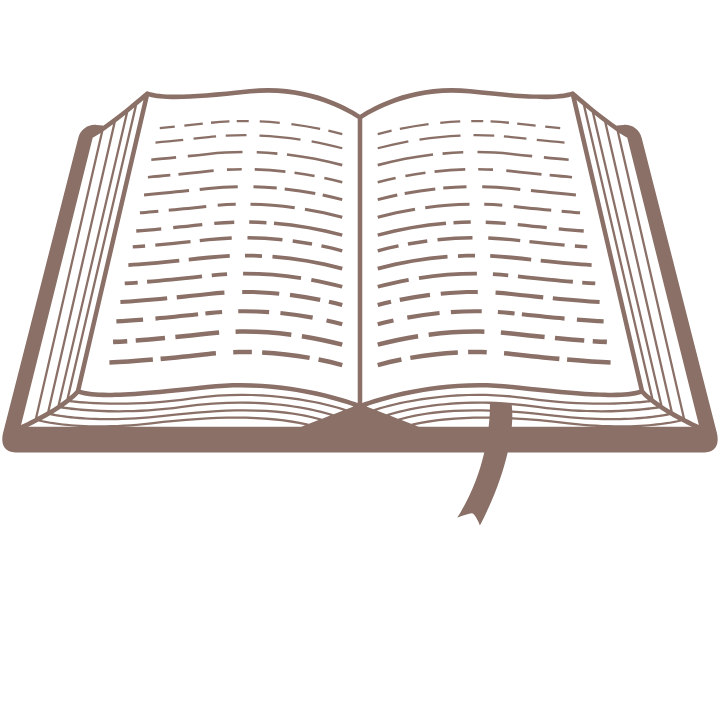 An open book with lines of text and a ribbon bookmark.