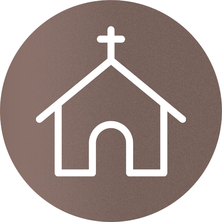 Icon of a church with a cross on top, white outline, on a brown circular background.