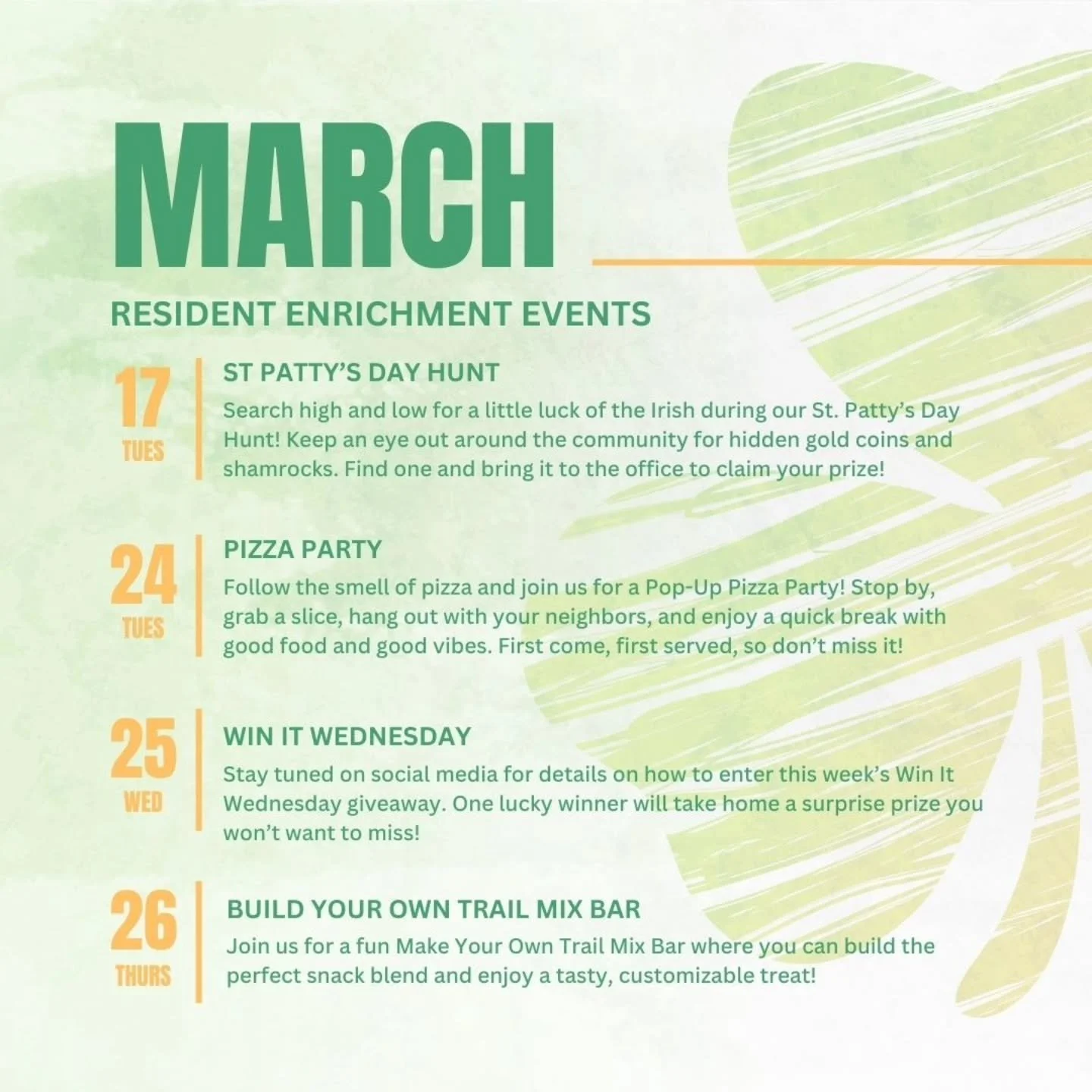 March is packed with resident events at Hideaway 🍀🍕

From a little luck of the Irish to pizza, prizes, and snacks &mdash; we&rsquo;ve got something fun happening around the community this month.

📅 March 17 &ndash; St. Patty&rsquo;s Day Hunt
🍕 Ma