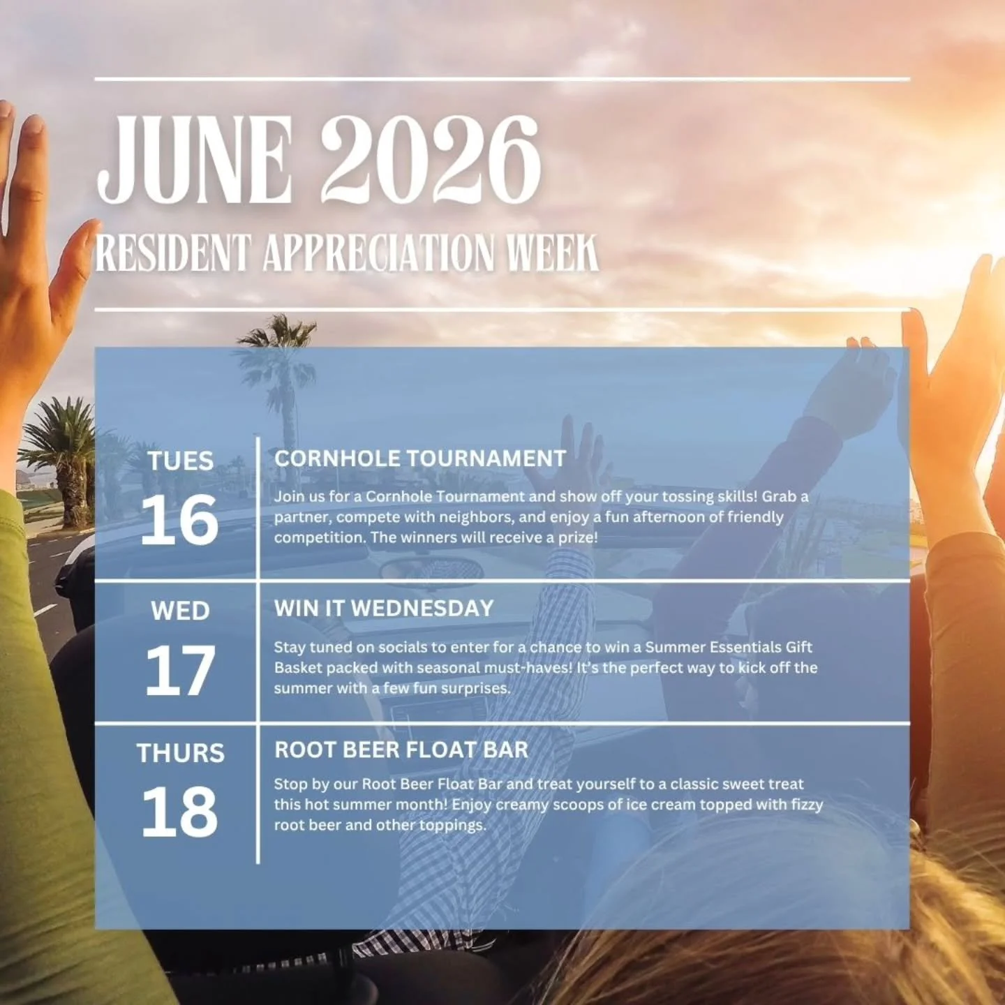☀️ Summer starts here at Hideaway! ☀️

We're showing our residents a little extra appreciation this month with a week full of friendly competition, sweet treats, prizes, and community fun.

🏆 June 16 &ndash; Cornhole Tournament
🎉 June 17 &ndash; Wi