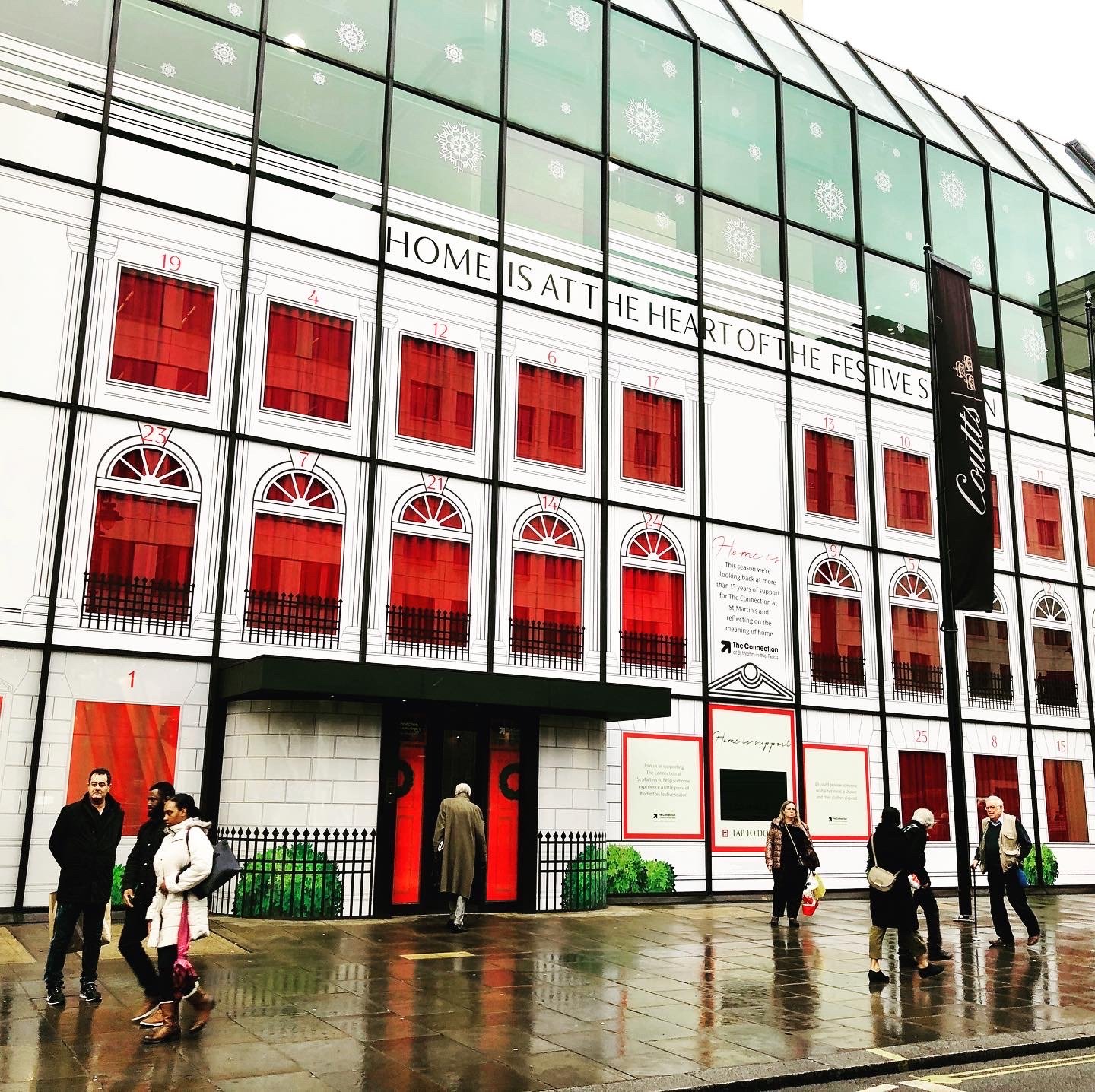 Image of front window at Coutts HQ on the Strand, London, decorated for Christmas