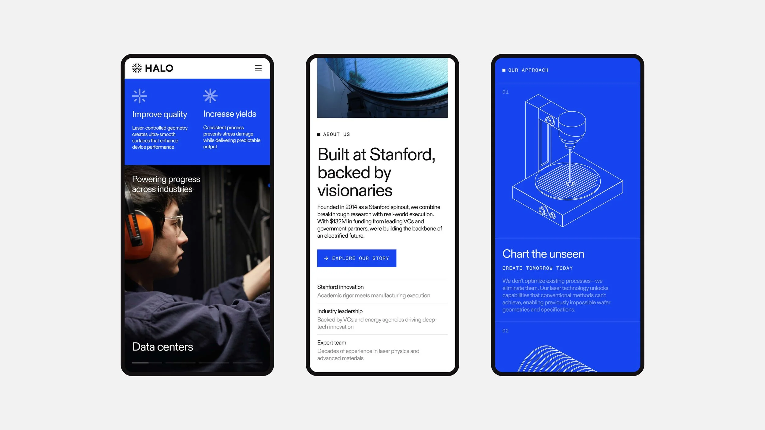 Three smartphones displaying different technology and innovation company websites, featuring blue-themed designs, with content about data centers, Stanford-backed innovation, and engineering projects.