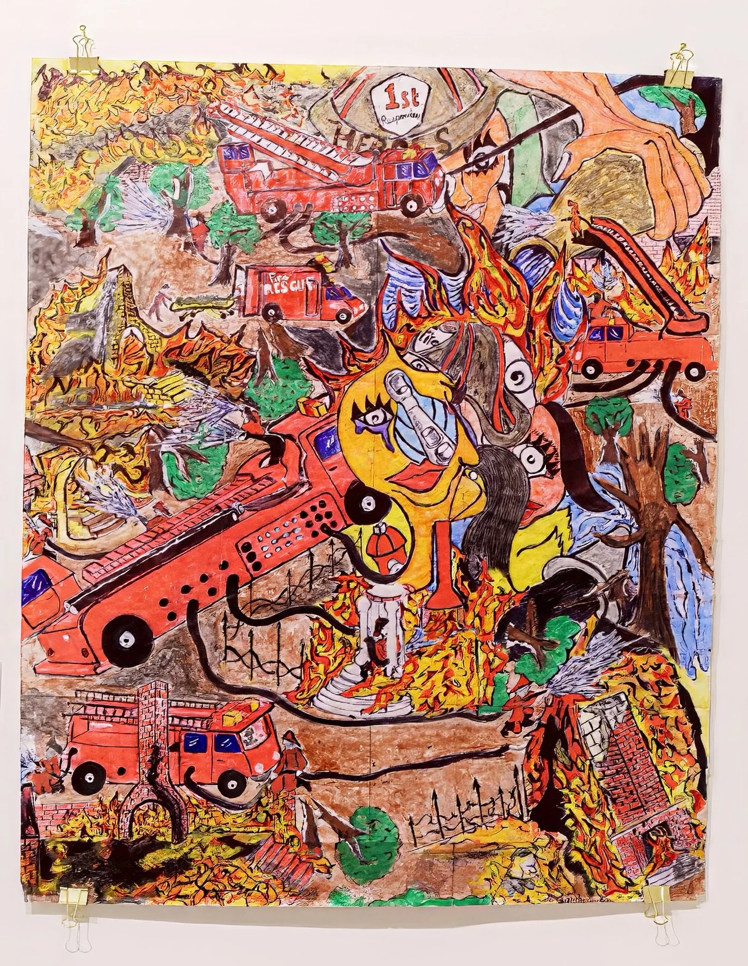 Craig Cromartie
Cali Wild Fires Chaos (2025)
29.75 x 24.75 in
2 sheets of paper taped down middle, tape, watercolor, colored pencil

This piece is just one from Far, Dark Places, a solo exhibition by Craig Cromartie, now on view through November 2nd.