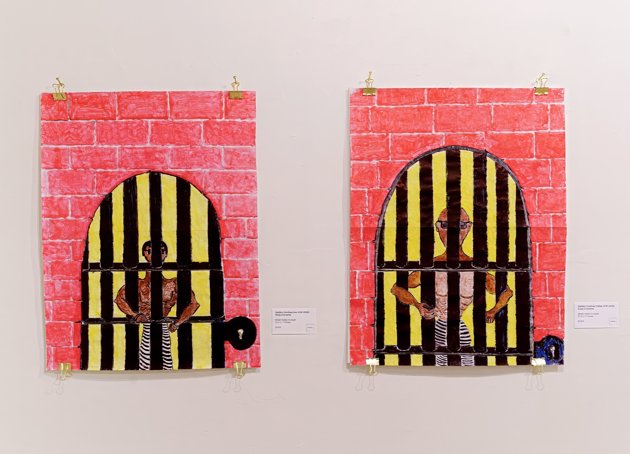 Far, Dark Places, a solo exhibition by Craig Cromartie.

Left: Solitary Confinement Son
21.5 &times; 17 in.
4 sheets of paper, tape, watercolor, colored pencil

Right: Solitary Confined Father
4 sheets of paper, tape, watercolor, colored pencil

Come