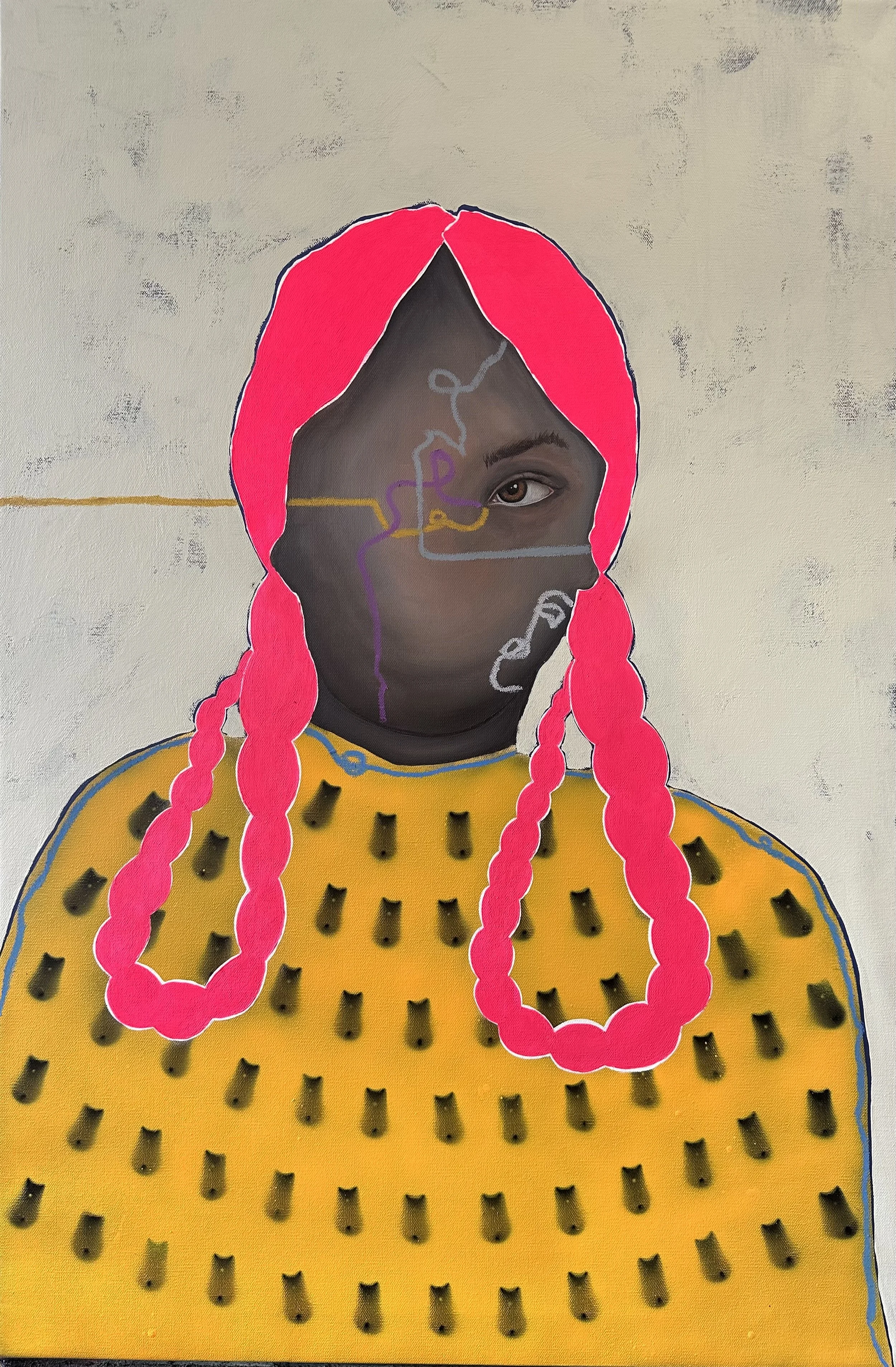 Danielle SeeWalker, "That One Over There is Shameful, Ennit?" (2025), Acrylic, aerosol, and oil stick on canvas