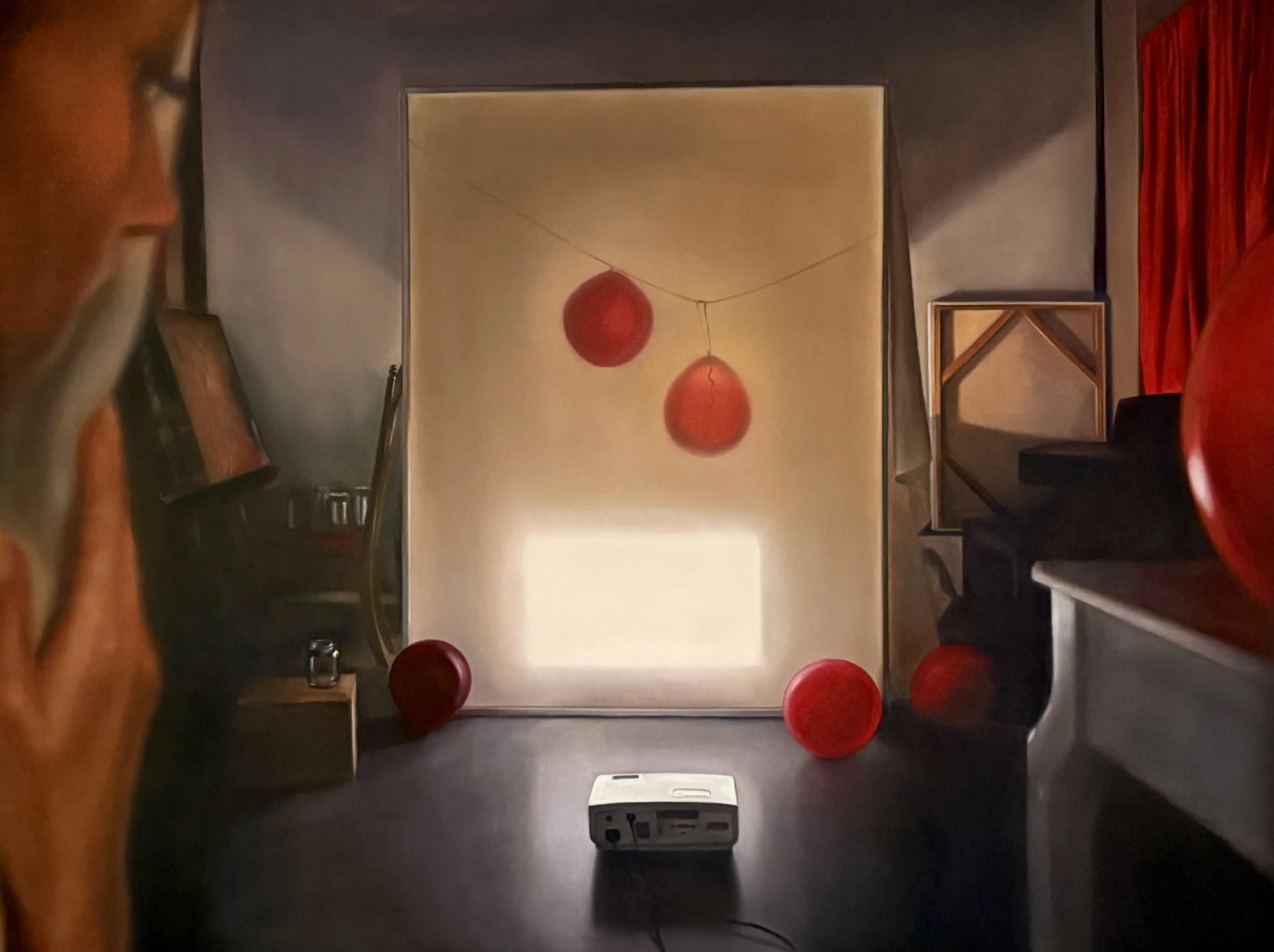 Wishful Spectator (2025), Oil on canvas and video projection, 45 x 60 inches