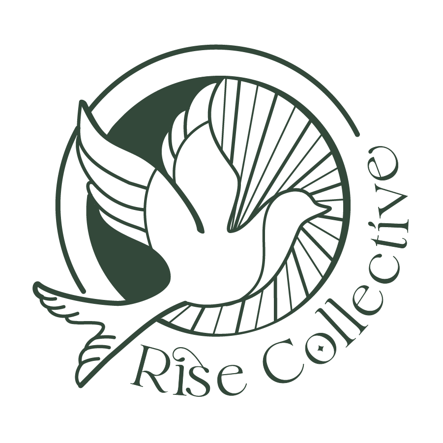 Logo of Rise Collective featuring a stylized bird in flight within a circular border, with the text 'Rise Collective' surrounding it.