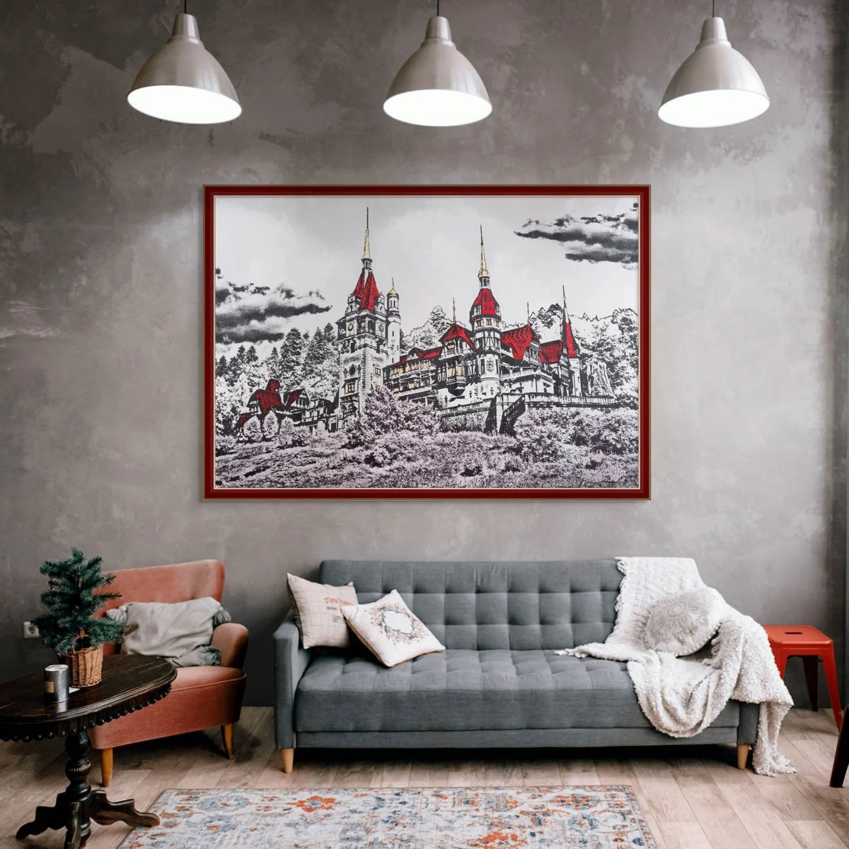 Peles Castle Romania Artwork – Ink, Gold & Silver Leaf on Canvas