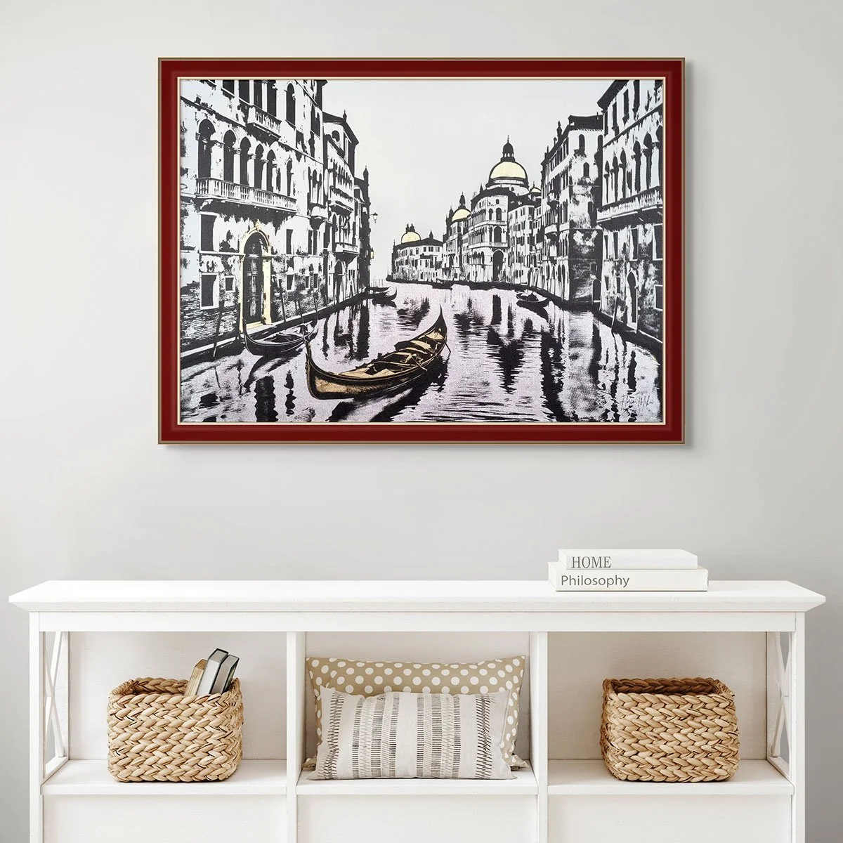 Venice Canal Artwork | Morning Gondola Scene with Gold & Silver Leaf on Canvas, Italy