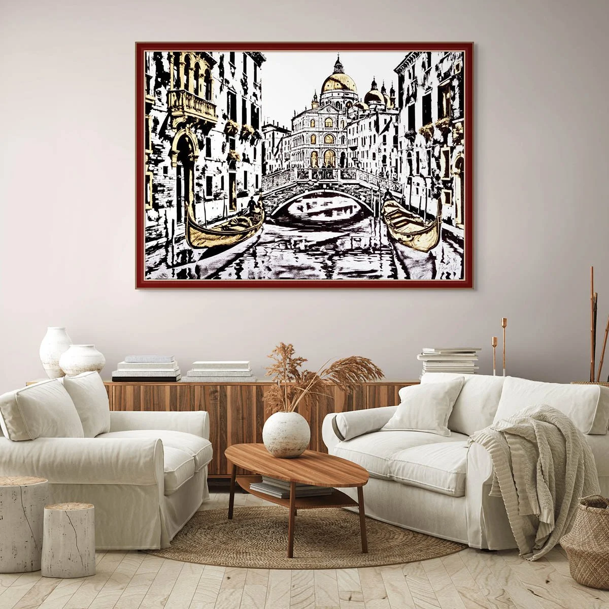 Venice Canal Artwork with Gondolas – Original Ink and Gold & Silver Leaf on Canvas, Italy