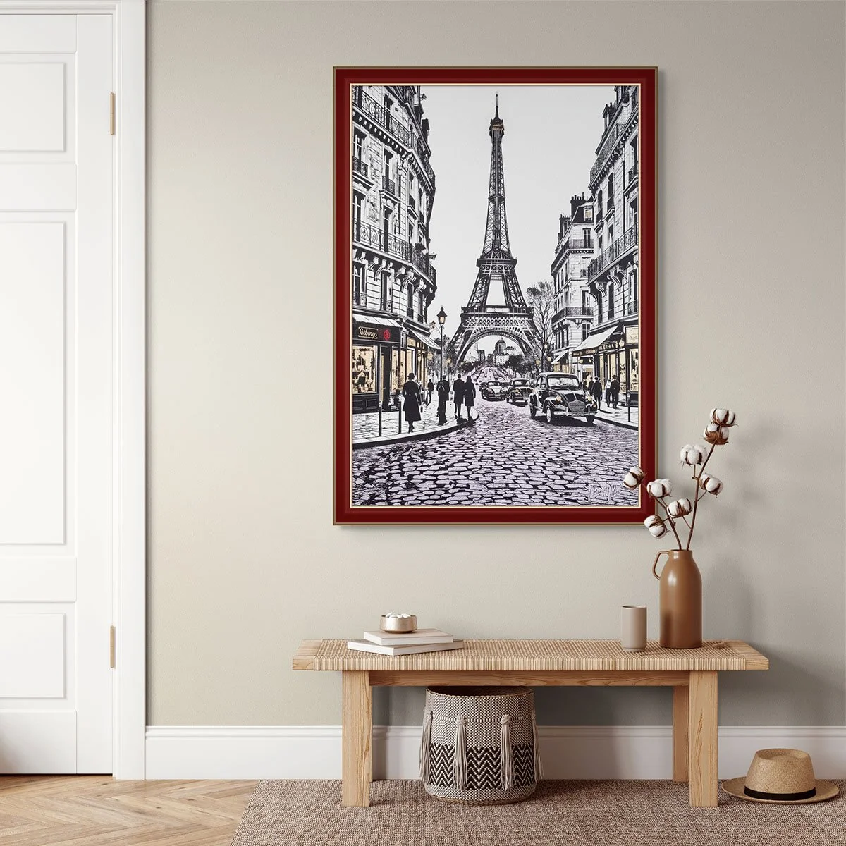 Paris Street Scene with Eiffel Tower – Urban Landscape Artwork on Canvas Cityscape with Gold & Silver Leaf