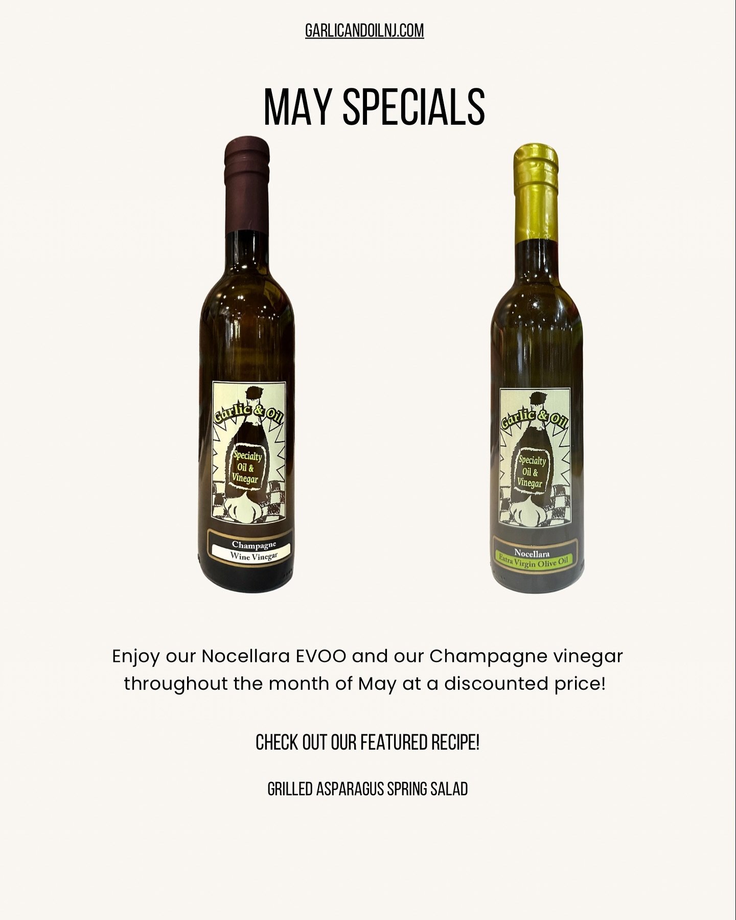 May specials are here!! Enjoy our Champagne vinegar and Nocellara EVOO at a discounted price for the entire month.
