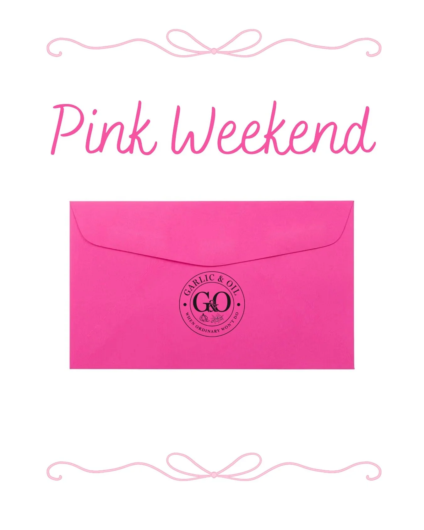 Join us for our first ever Pink Weekend sales event!!

Now through November 14th, if you make a purchase of at least $10 at Garlic &amp; Oil or Garlic &amp; Oil Market, you will receive a Pink envelope! Inside every envelope is a prize that can be re