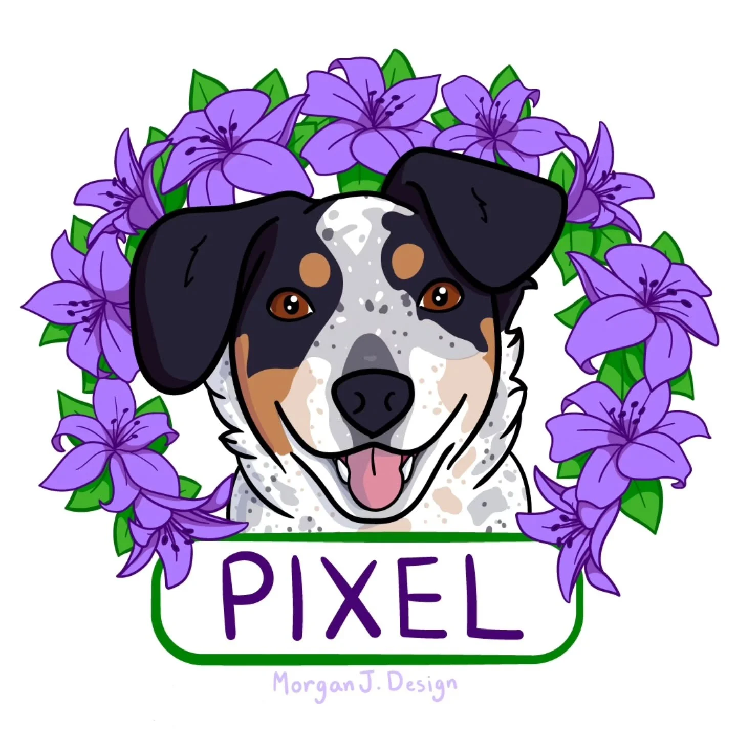 Illustration of my dog Pixel! This was so much fun to make, I'm going to have to do more in this style. 

#illustration #acd #cattledog #dogdrawing #digitalart #digitalpainting #puppy #portrait #flowers