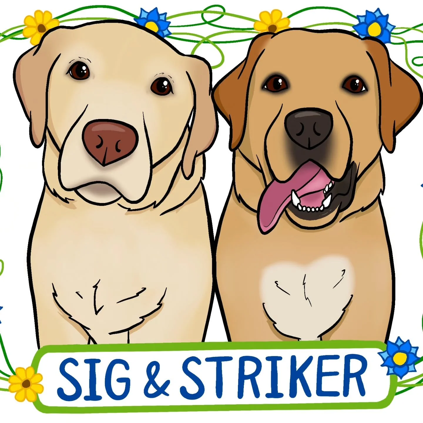 Recent pet portrait I made as a birthday gift. I really wanted to capture the personalities of these dogs in this drawing. Sig is an older dog with a sweet sad face and Striker is an energetic goofball of a puppy.

#petportrait #digitalart #Labrador 