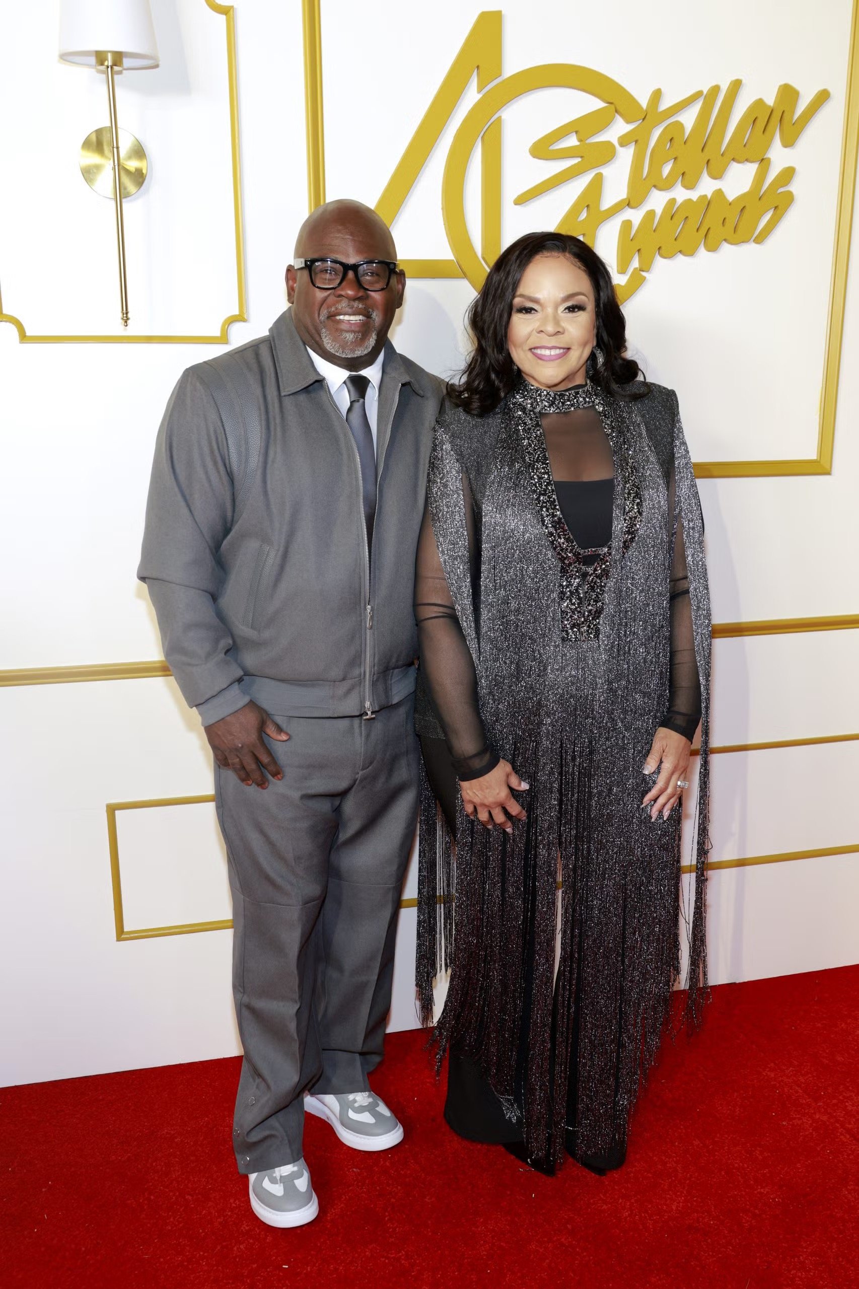 Tamela and David Mann for Stellar Awards '25//Tamela/ Dress: Akira. Shoes: Giuseppe//David /Maniere Devoir. Shoes: McQueen 