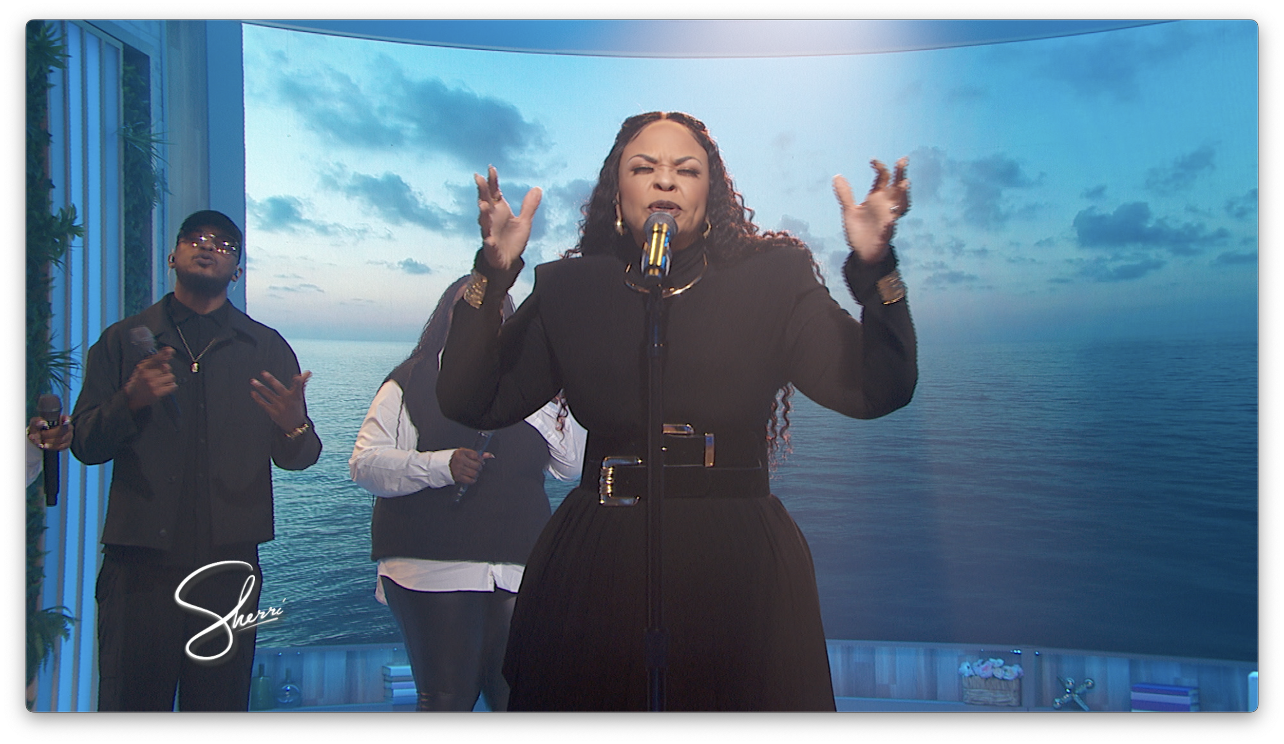 Tamela Mann for Sherri Sheppard Show /Dress: Norma Kamali 