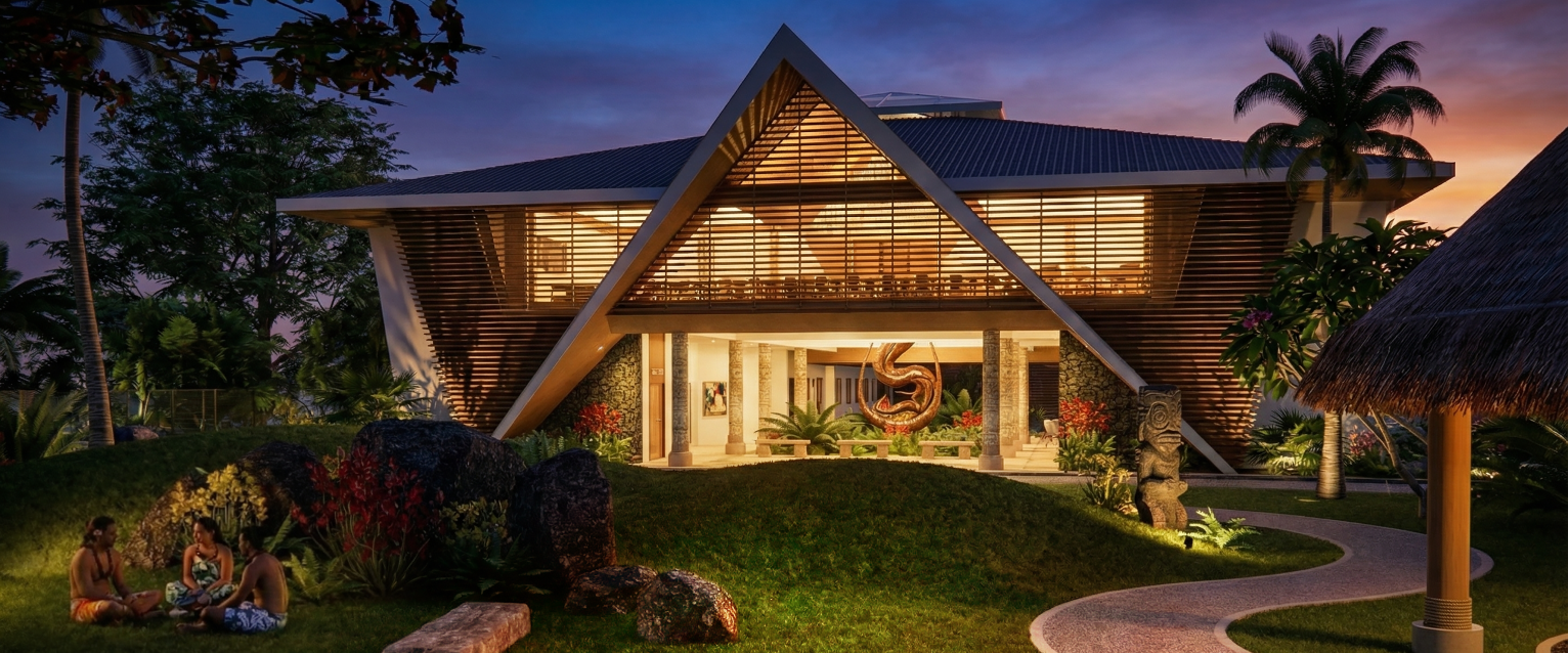 Aperçu de nuit de la façade d’entrée de la nouvelle mairie de Papeari