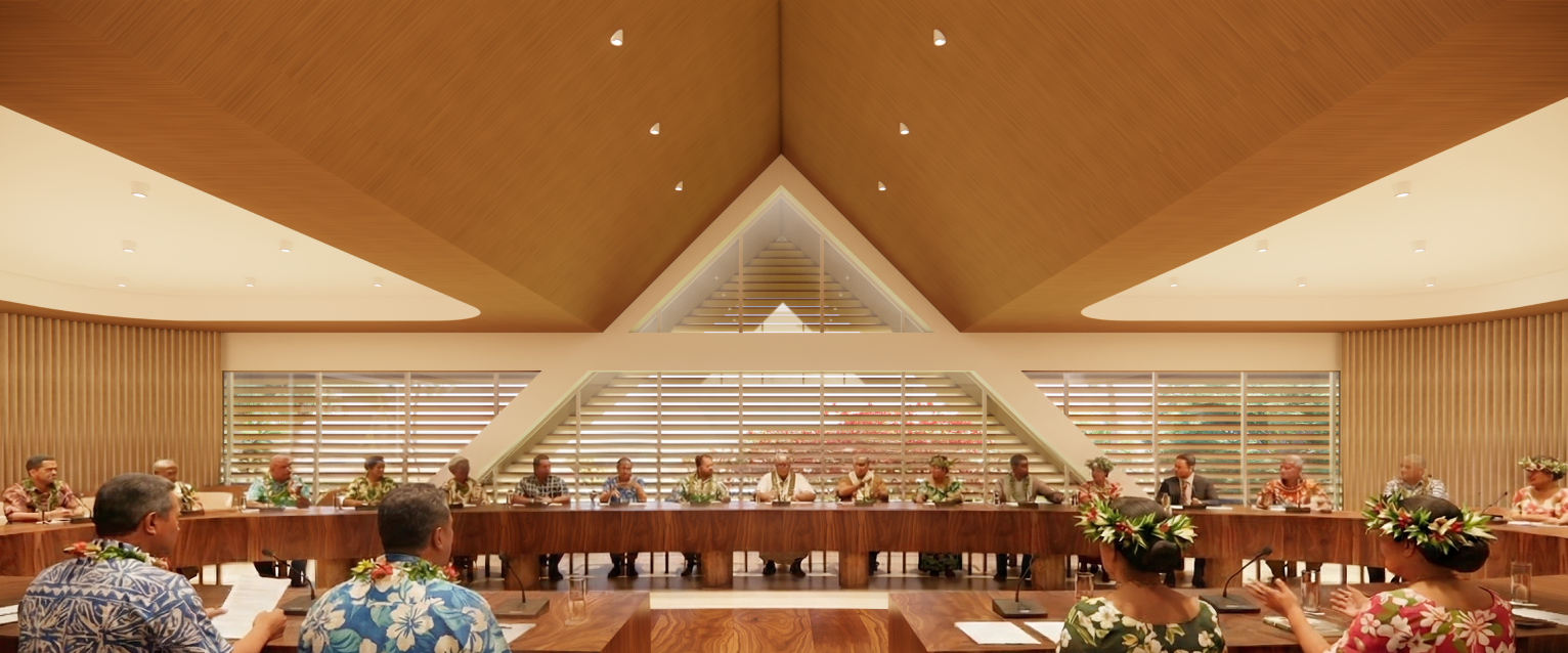 Salle du conseil municipal de la mairie de Papeari aménagée par les architectes de Tropical Architecture