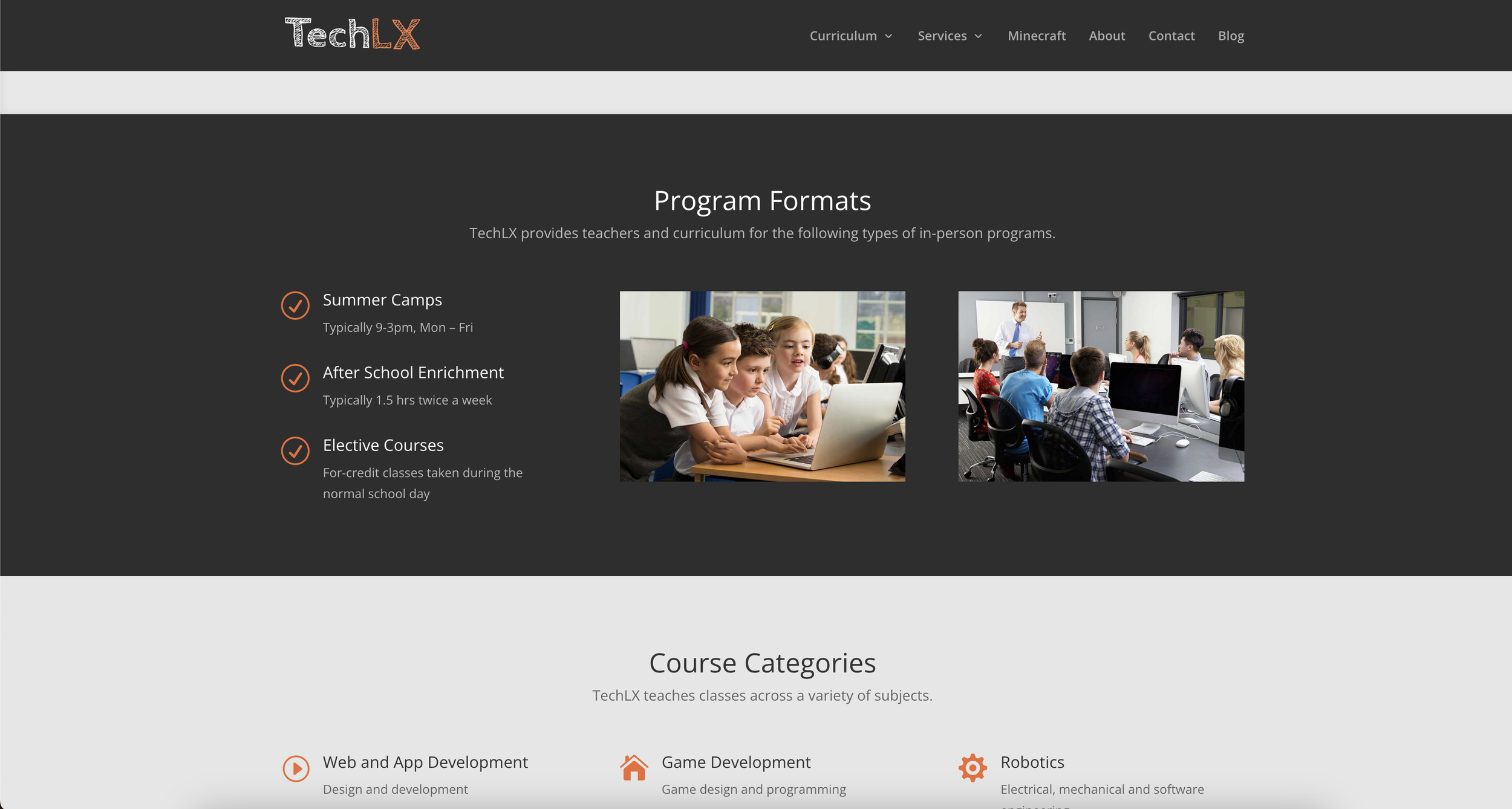 Screenshot of a webpage from TechLX showcasing program formats with images of children working on computers and a classroom, and course categories like Web and App Development, Game Development, and Robotics.