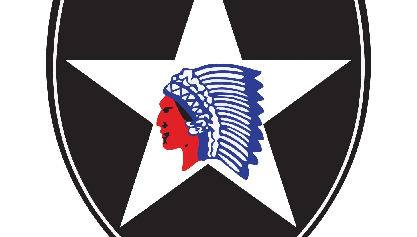 A black shield-shaped emblem with a white star in the center. Inside the star, there is a profile of a Native American chief wearing a feathered headdress, depicted in red, white, and blue.