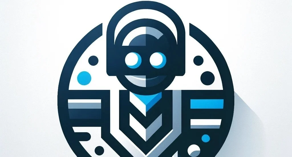 A stylized robot face with blue eyes, within a circular design, representing technology or artificial intelligence.