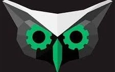 Stylized digital illustration of an owl's face with geometric shapes and green accents