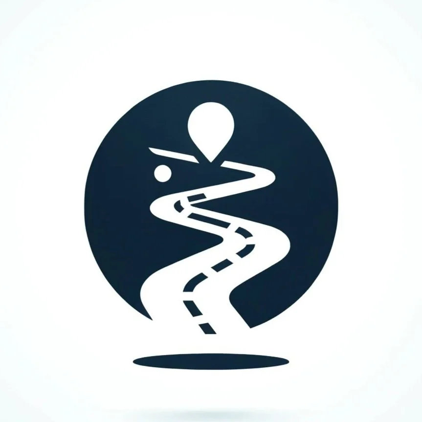 Road with a winding path, a location pin, and a pathway illustration, all inside a dark circular background.