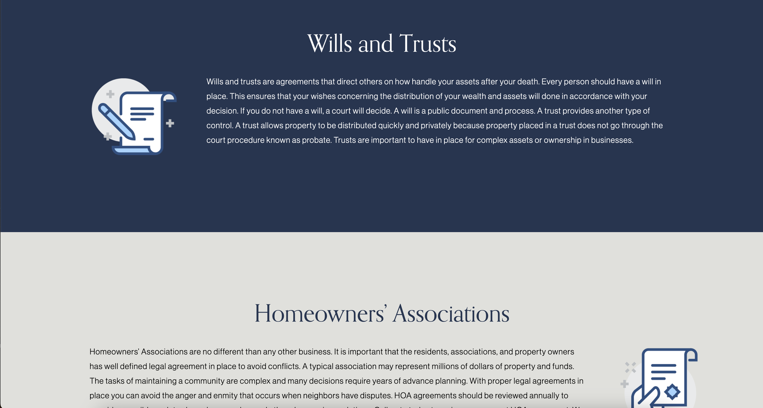 Web page with information about wills, trusts, and homeowners' associations, featuring icons of documents and writing instruments.