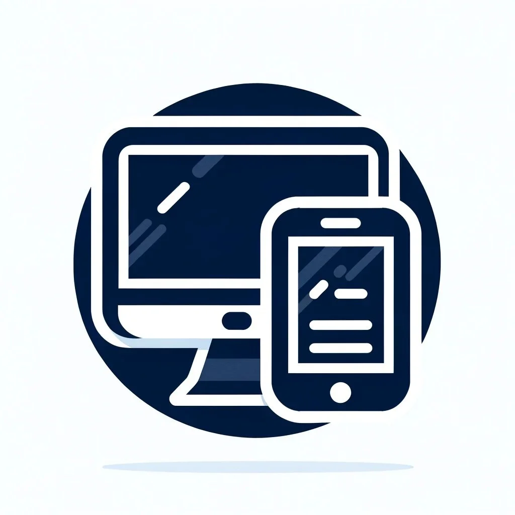 Icon of a desktop computer and a smartphone with screens displaying text.