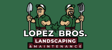 Logo for Lopez Bros Landscaping and Maintenance featuring two smiling men holding tools, with a palm tree in the center.