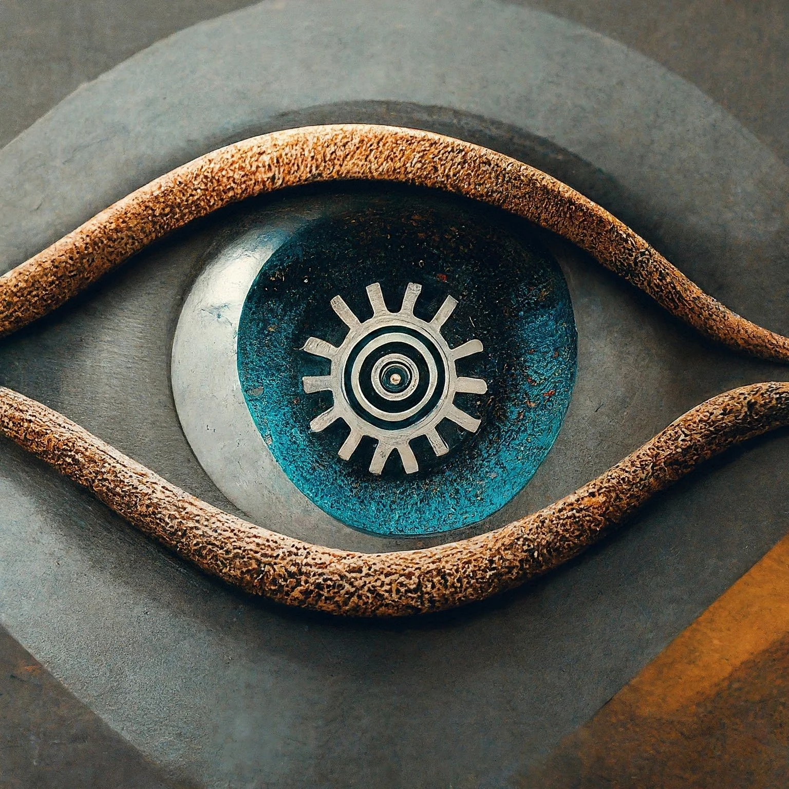An abstract artistic sculpture resembling an eye with textured, rust-colored snake-like shapes surrounding a central metallic gear pattern, with a blue background.