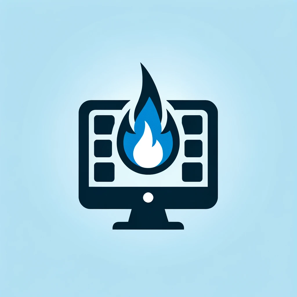 The logo for Fire Meetings: a minimalist depiction of a computer screen with a blue flame.