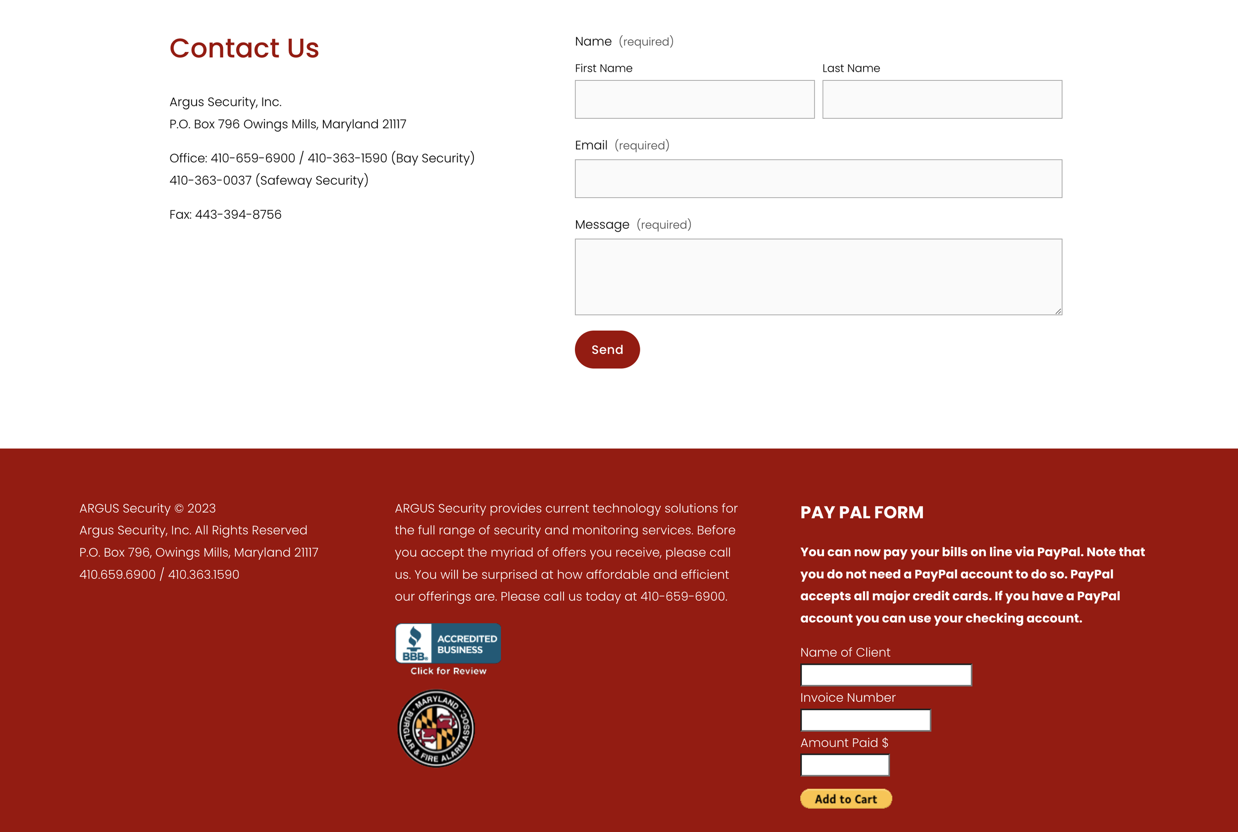 A contact form for Argus Security, Inc. with fields for name, email, and message, a send button, company contact information on the left, and a paid PayPal form on the right with fields for client name, invoice number, and amount paid, all on a predominantly white and red background.