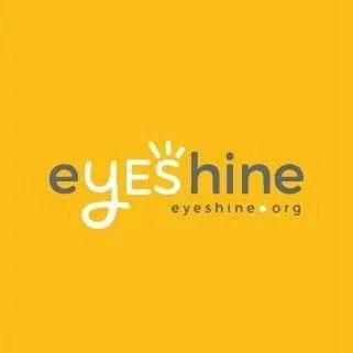 Logo for eYEShine with yellow background and text in gray and white.