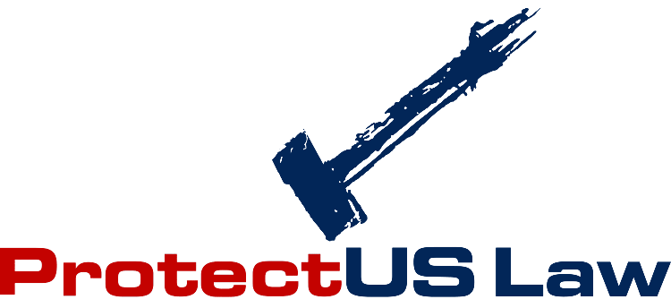 Text logo reading 'Protect US Law' with a gavel illustration above the text.