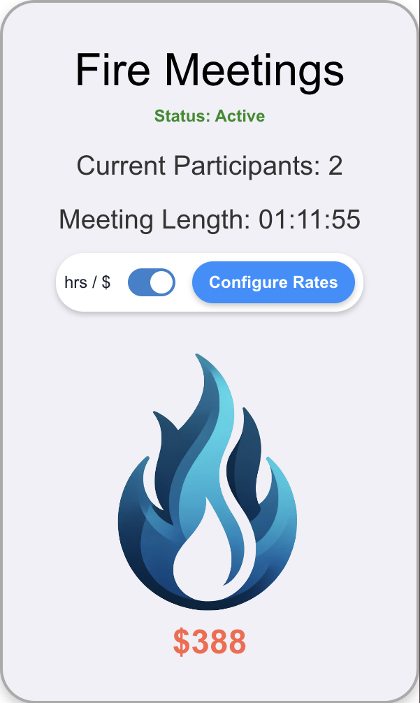 A mobile app screen for fire safety that shows a fire icon, the cost of $388, and options to configure rates with active status and two participants.