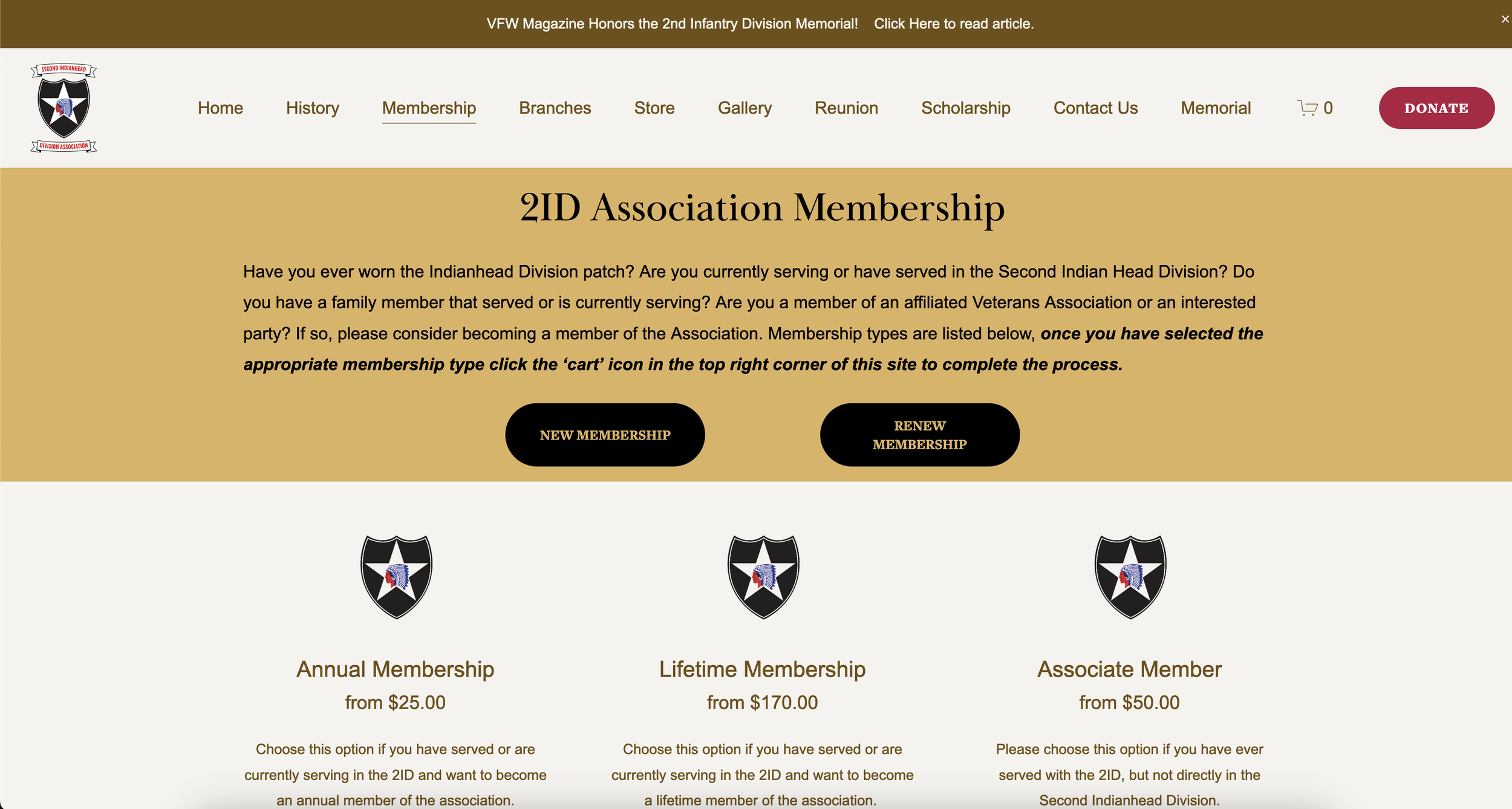 Homepage of a veteran organization website showing navigation menu, banner about memorial, membership options with buttons for new and renewal membership, and membership levels with prices.