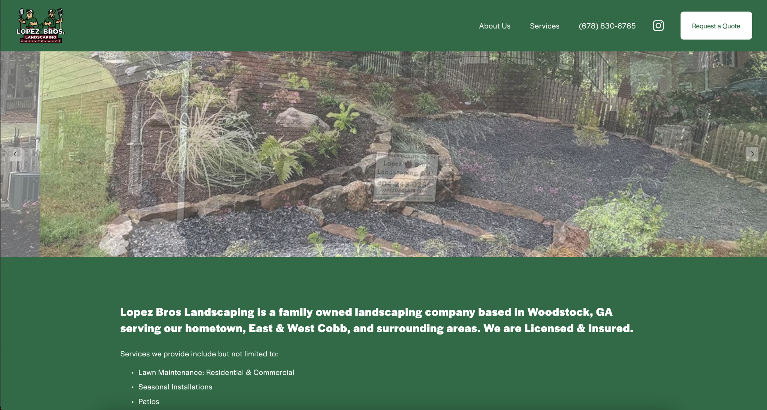 Screenshot of the Lopez Bros Landscaping website homepage, showing a garden bed with plants and a sign, with navigation options and contact info at the top.