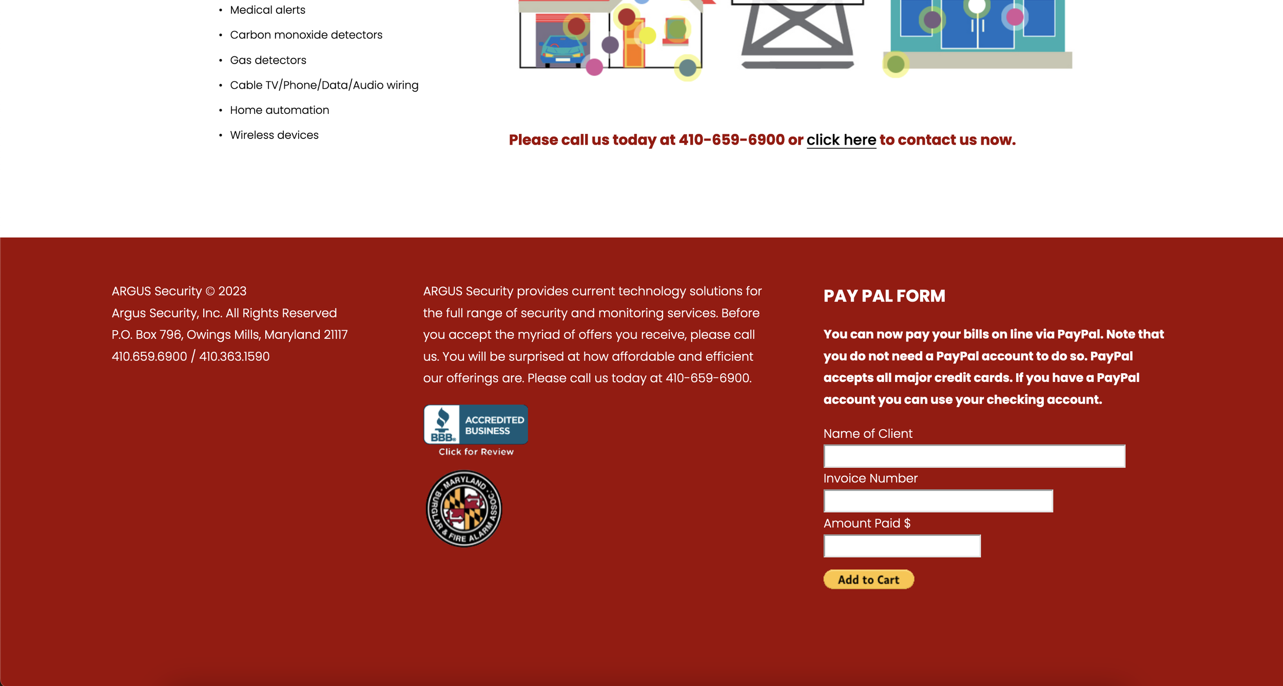 A webpage footer with contact information for ARGUS Security, including phone numbers and a copyright notice, along with a PayPal payment form to pay bills online, with fields for client name, invoice number, and amount paid, and a yellow 'Add to Cart' button.