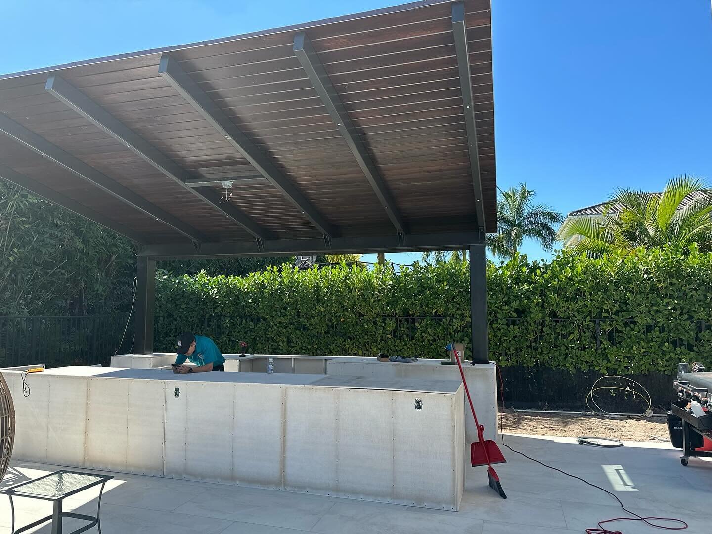 A work of art in progress! This customer stained the tongue and groove roof in a darker shade and it looks fantastic. We love helping you create the perfect shade for your outdoor space!