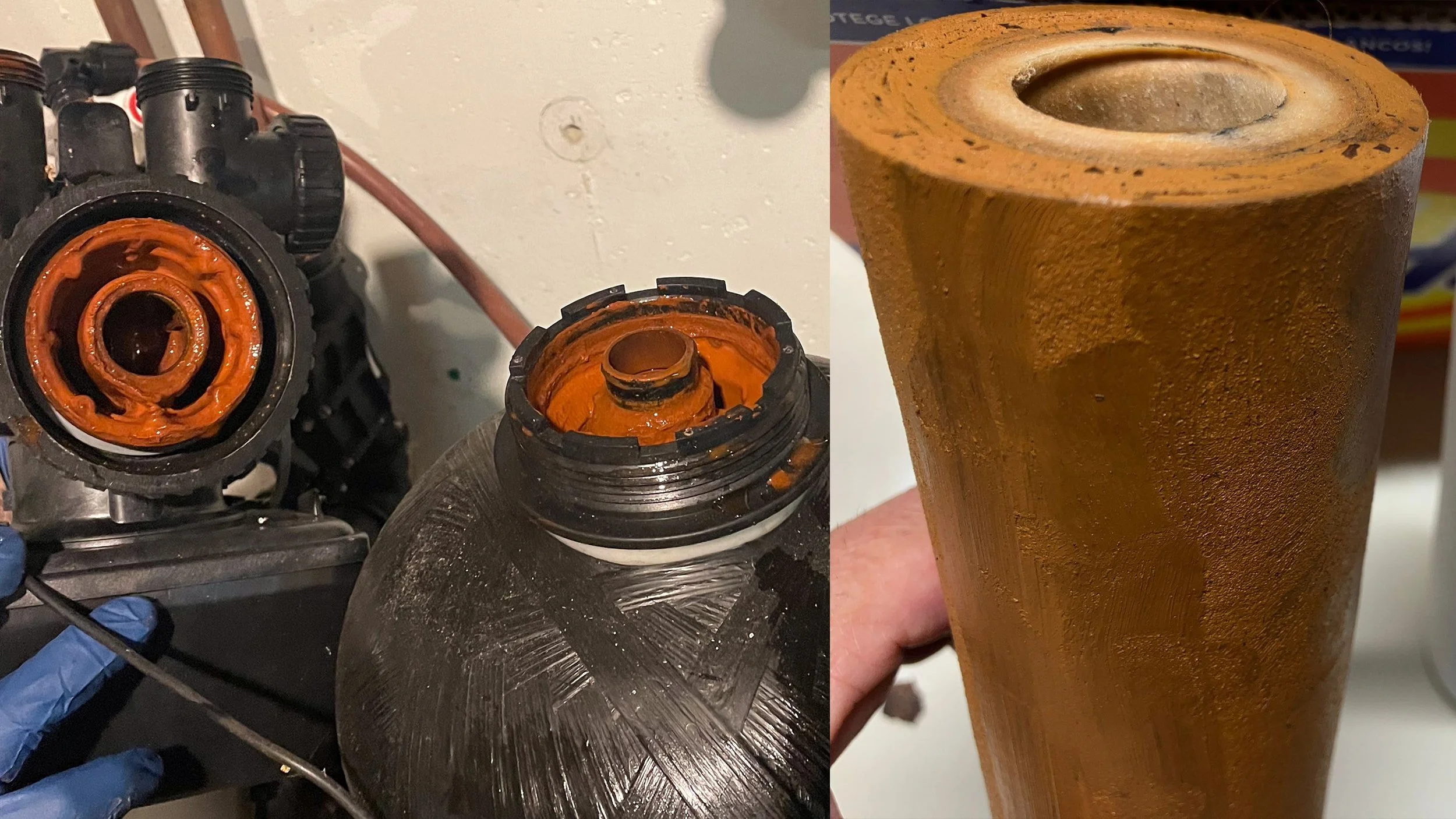 Left side shows the inside of a mechanical device with orange grease or oil, and the right side shows a close-up of a rusted, cylindrical metal pipe or component.