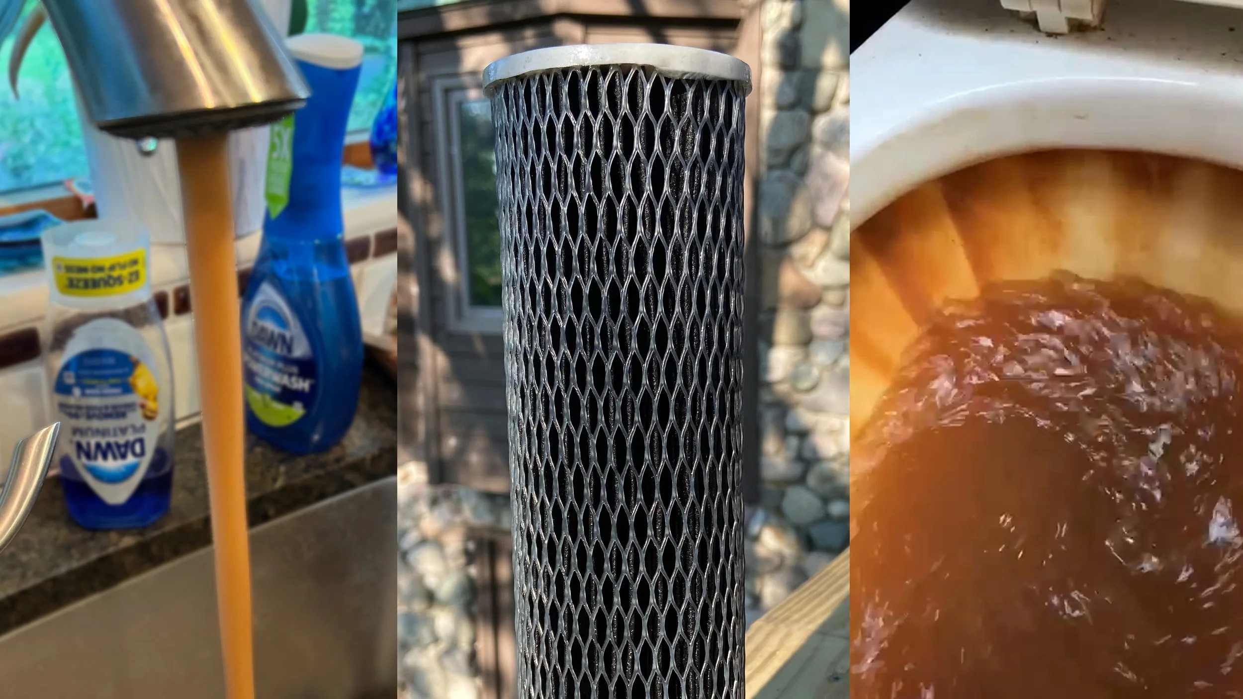 A sequence of three images showing water being filtered. The first image displays water flowing from a faucet into a sink with cleaning supplies in the background. The second image shows a close-up of a black cylindrical water filter with a metal mesh exterior. The third image depicts water swirling in a container, with a brownish tint indicating sediment or impurities being removed.
