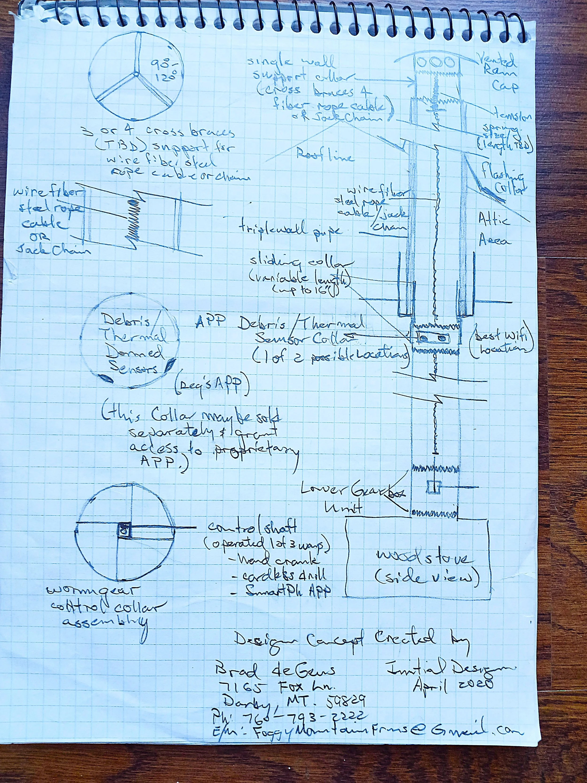 Hand-drawn schematic and notes on the first Chimney Snake design