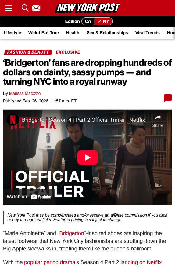 The New York Post's article about the Netflix Series "Bridgerton" mentioning our CEO Cachita Maki