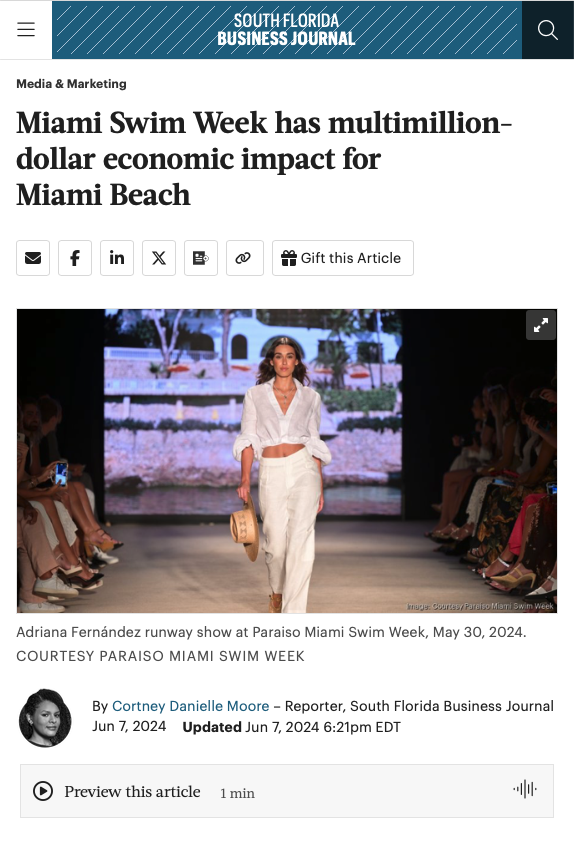 South Florida Business Journal article mentioning our event at Miami Swim Week