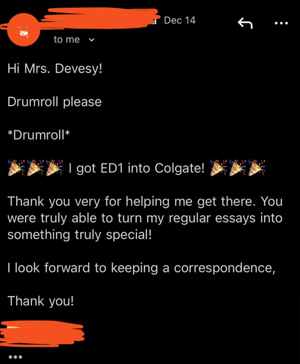 It&rsquo;s ED season! So far, we&rsquo;ve got &ldquo;yes&rdquo;s from Chicago, Duke, and Colgate. Will update the list as the new few days roll on - congrats, guys! You are some seriously amazing people.